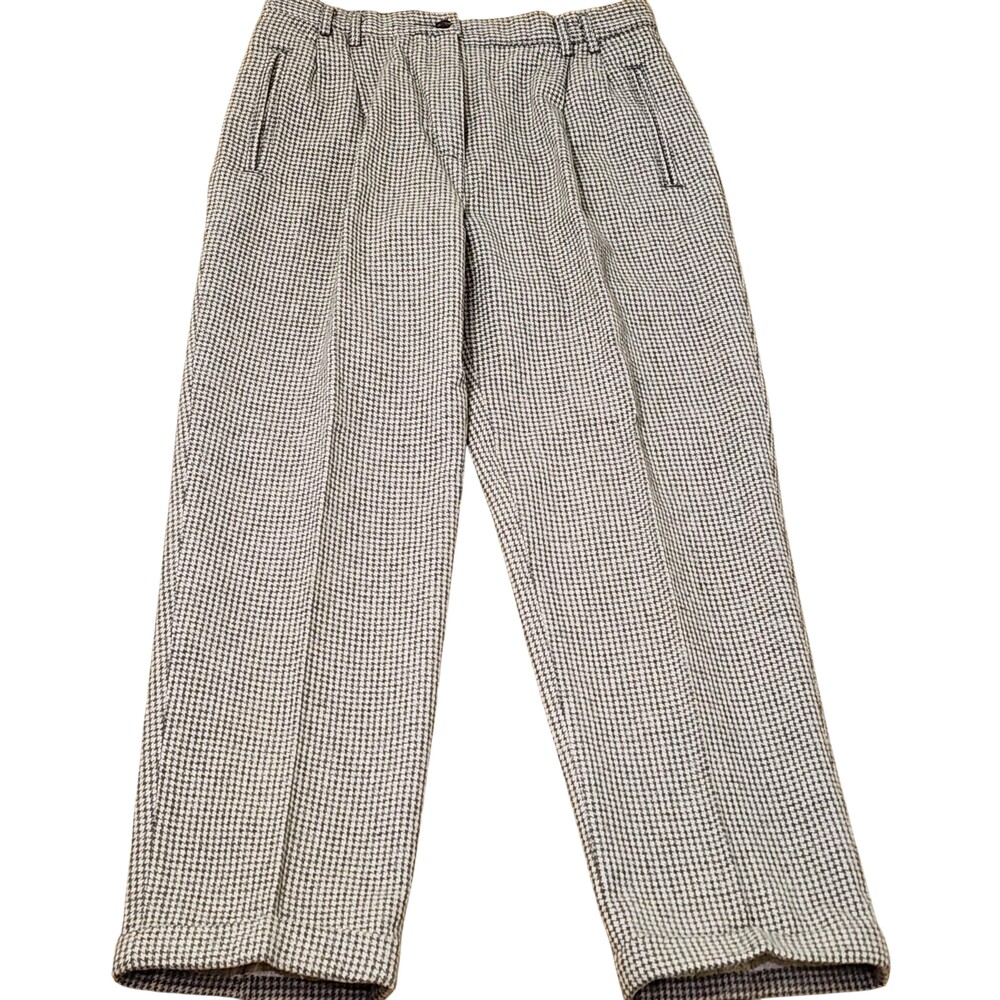Woolrich Dress Pants Womens 12 Gray Wool Tweed Check Pleated Cuffed Lined